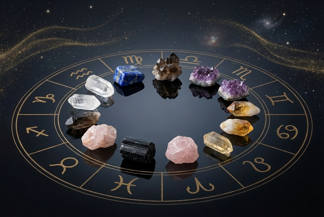 12 zodiac signs with their guardian crystals arranged in a cosmic wheel