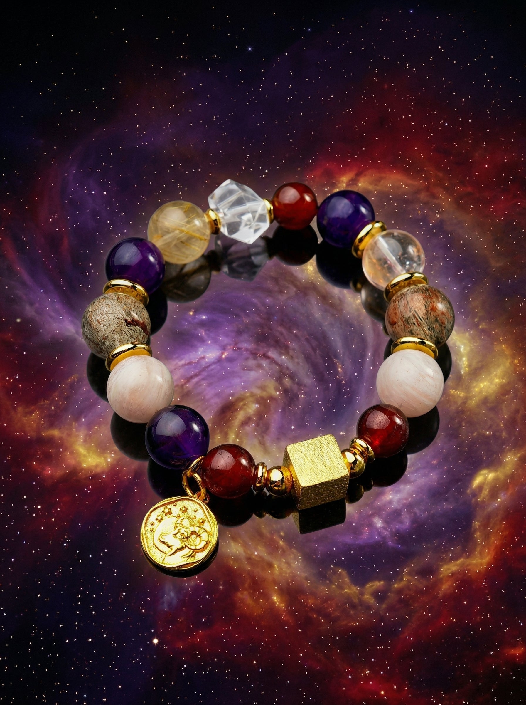 Stella Whisper · Aries Zodiac Crystal Bracelet | Golden Rutilated Quartz, Amethyst & Scarlet Quartz
