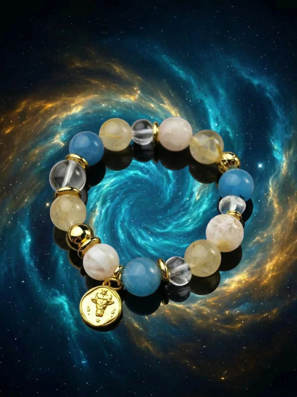 Stella Whisper · Taurus Zodiac Crystal Bracelet | Aquamarine & Golden Rutilated Quartz