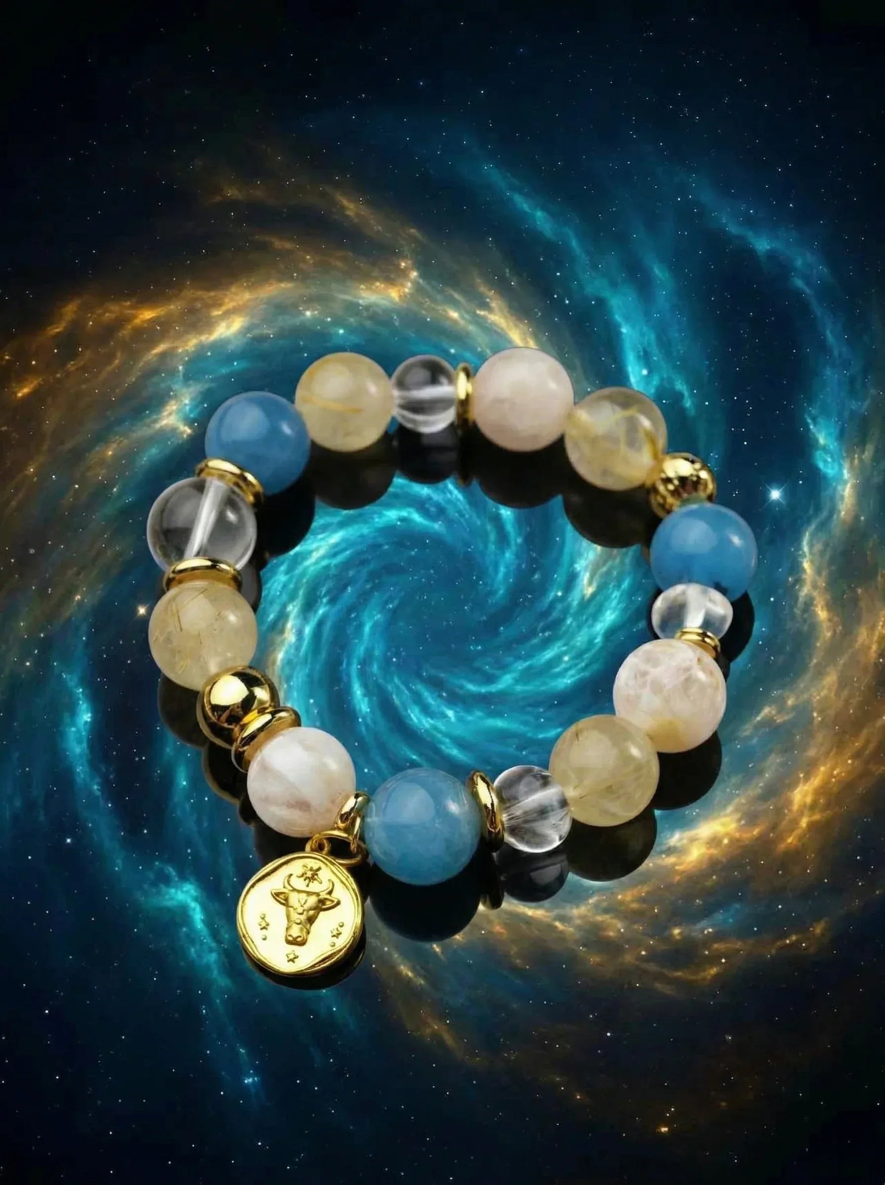 Stella Whisper · Taurus Zodiac Crystal Bracelet | Aquamarine & Golden Rutilated Quartz