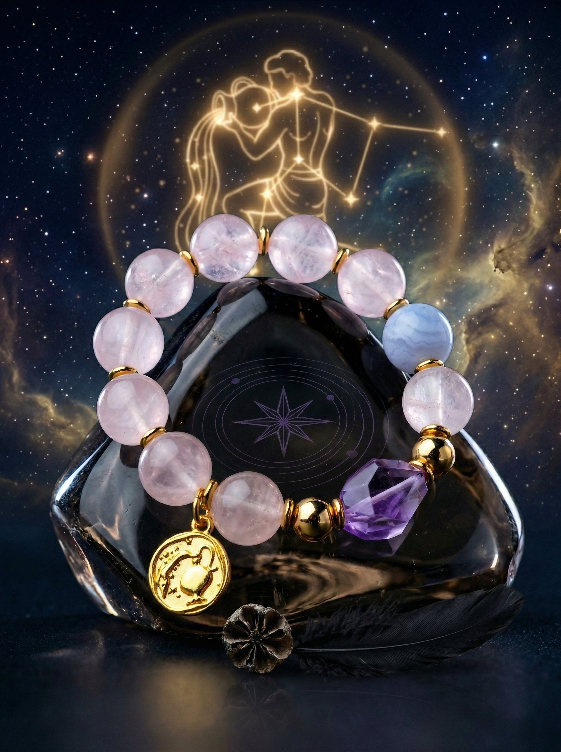 Stella Whisper · Aquarius Zodiac Crystal Bracelet | Rose Quartz, Amethyst & Blue Lace Agate