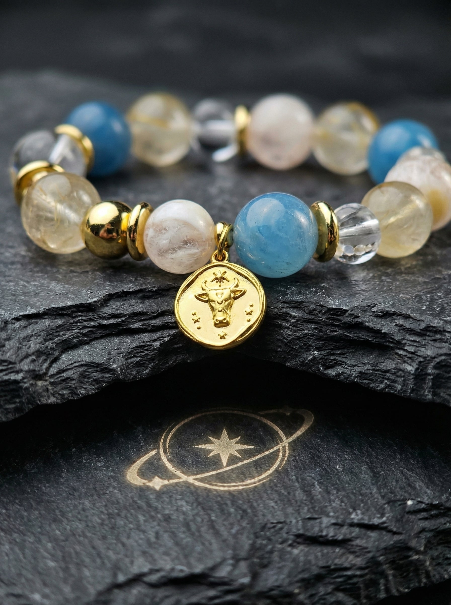 Stella Whisper · Taurus Zodiac Crystal Bracelet | Aquamarine & Golden Rutilated Quartz