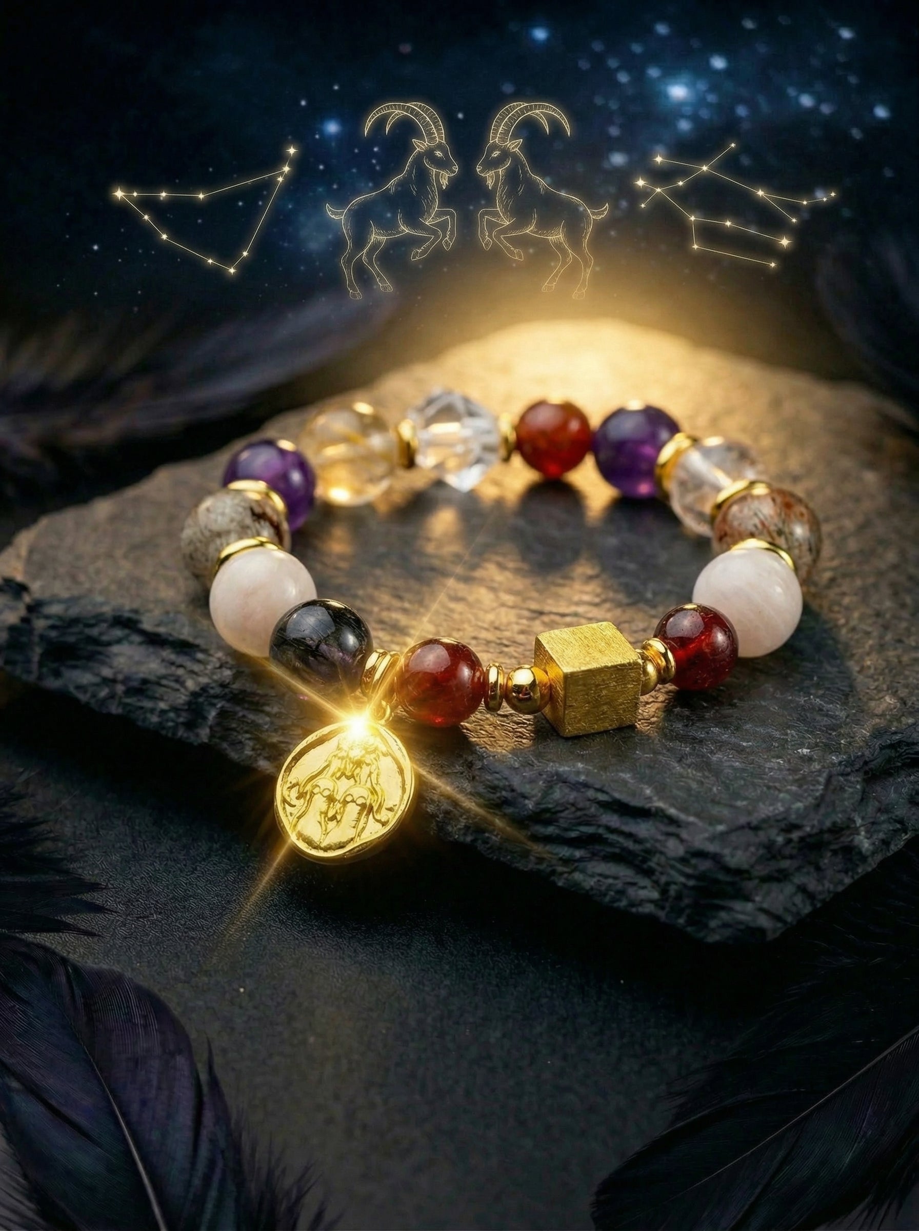 Stella Whisper · Aries Zodiac Crystal Bracelet | Golden Rutilated Quartz, Amethyst & Scarlet Quartz