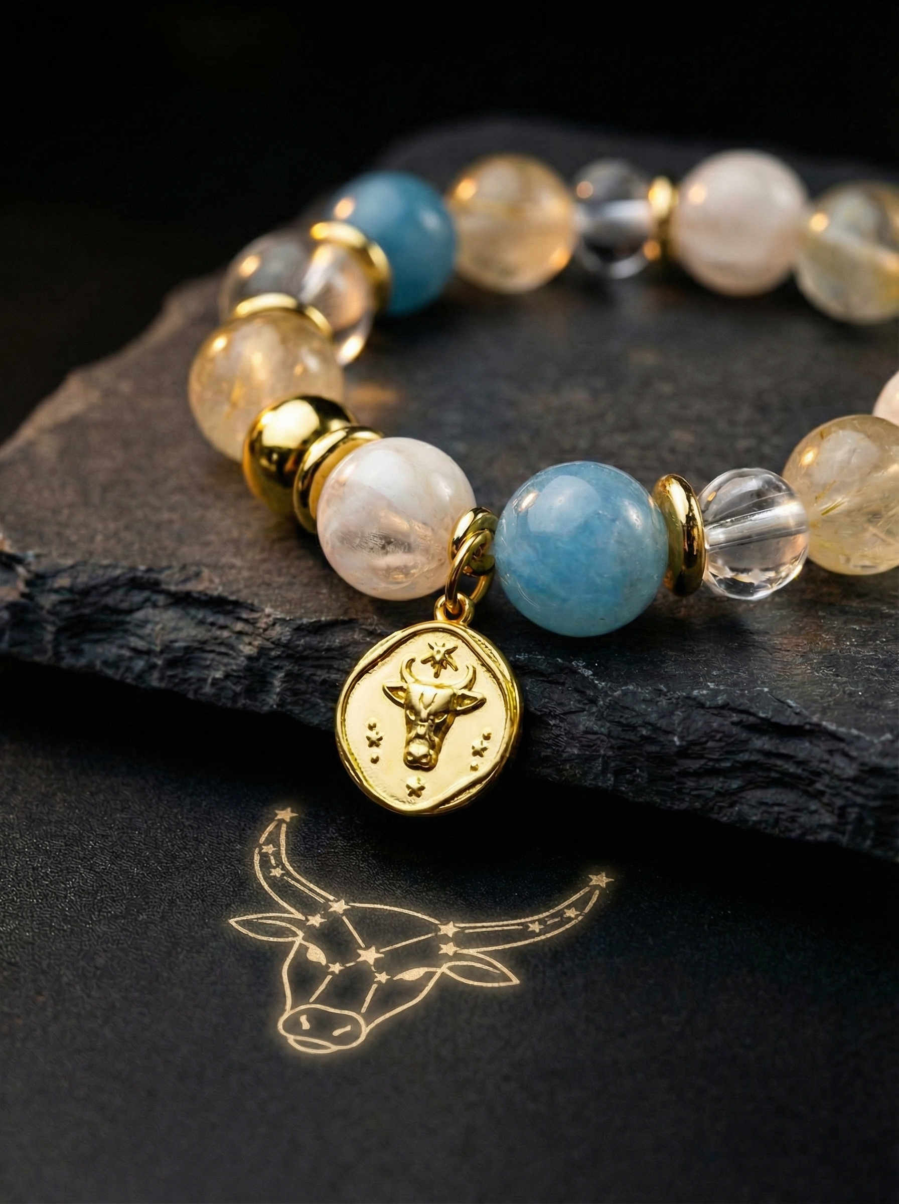 Stella Whisper · Taurus Zodiac Crystal Bracelet | Aquamarine & Golden Rutilated Quartz