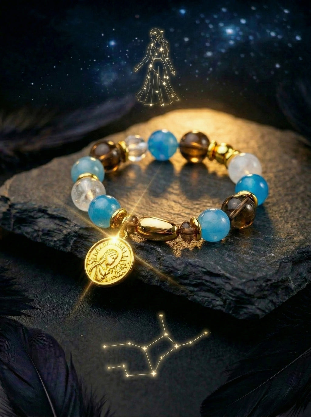 Stella Whisper · Virgo Zodiac Crystal Bracelet | Aquamarine, Smoky Quartz & Selenite