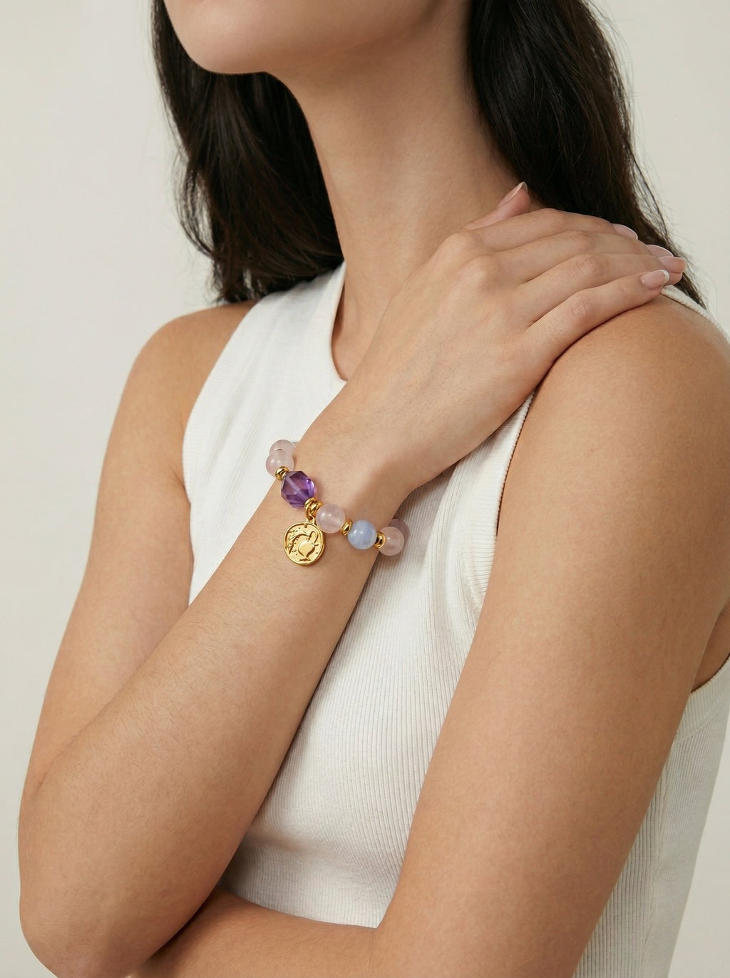 Stella Whisper · Aquarius Zodiac Crystal Bracelet | Rose Quartz, Amethyst & Blue Lace Agate