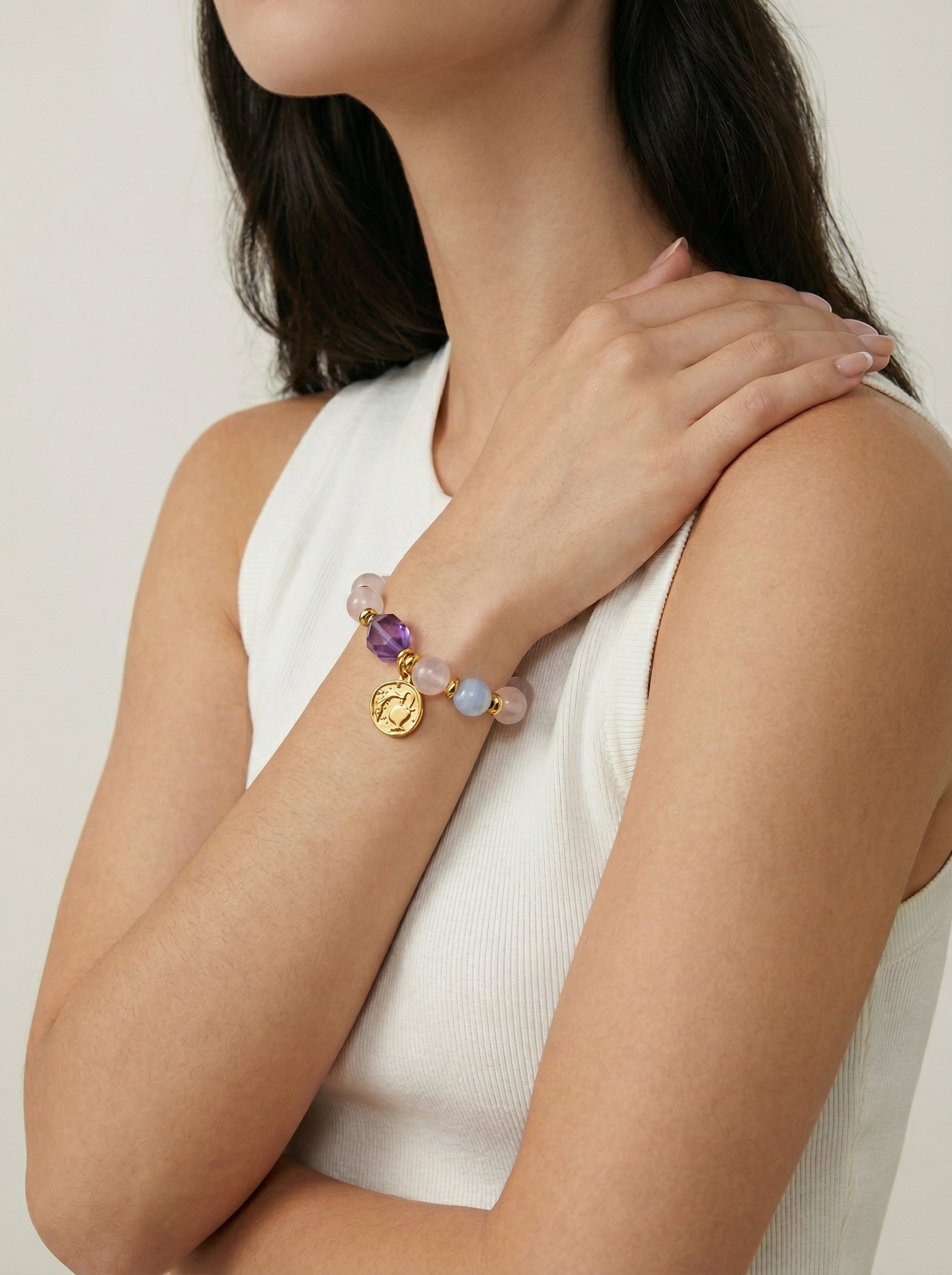 Stella Whisper · Aquarius Zodiac Crystal Bracelet | Rose Quartz, Amethyst & Blue Lace Agate
