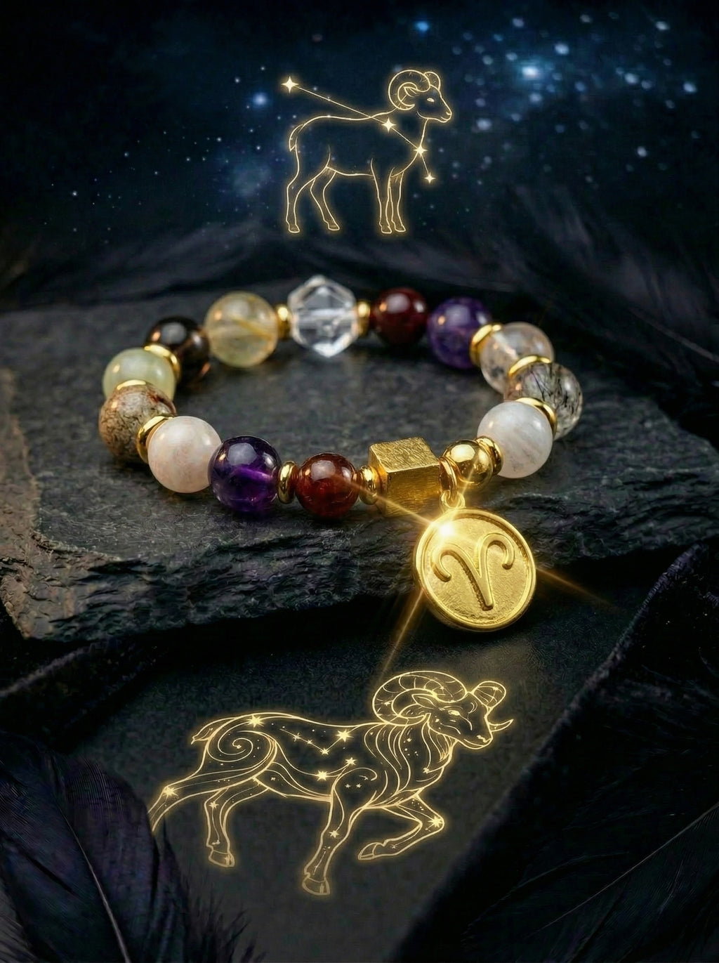Stella Whisper · Aries Zodiac Crystal Bracelet | Golden Rutilated Quartz, Amethyst & Clear Quartz