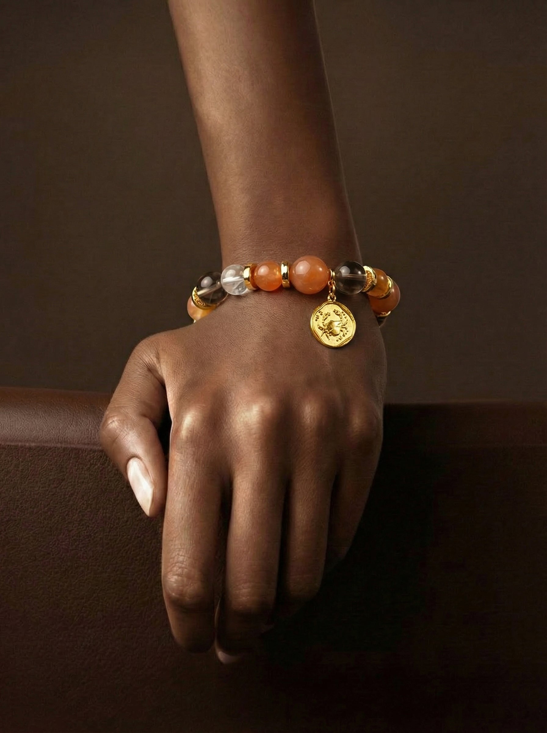 Stella Whisper · Cancer Zodiac Crystal Bracelet | Orange Moonstone, Scarlet Red Quartz & Smoky Quartz