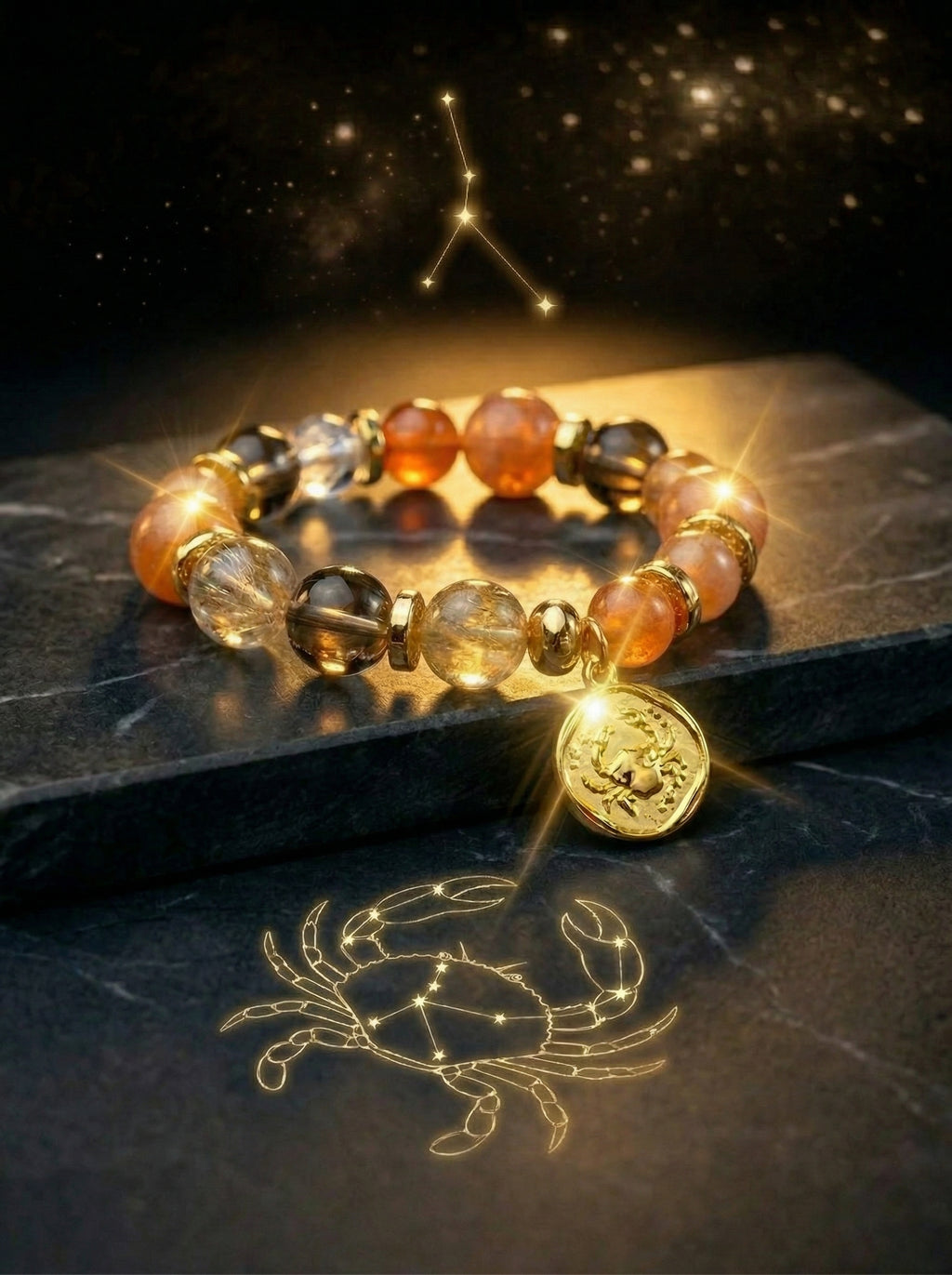 Stella Whisper · Cancer Zodiac Crystal Bracelet | Orange Moonstone, Scarlet Red Quartz & Smoky Quartz
