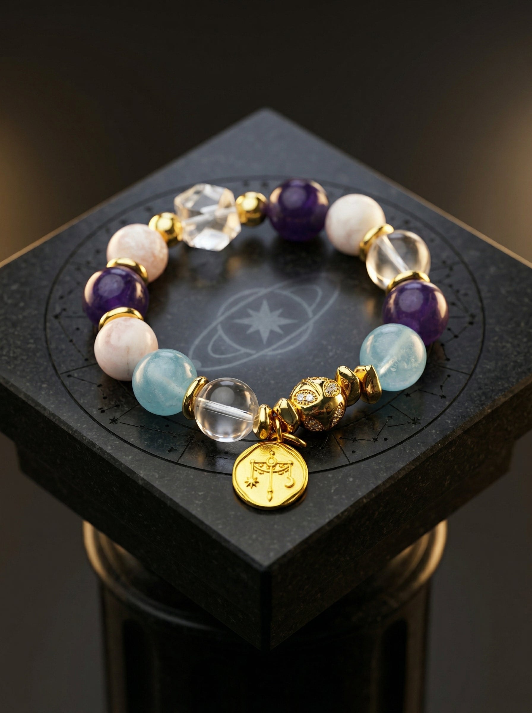 Stella Whisper · Libra Zodiac Crystal Bracelet | Amethyst, Aquamarine & Clear Quartz