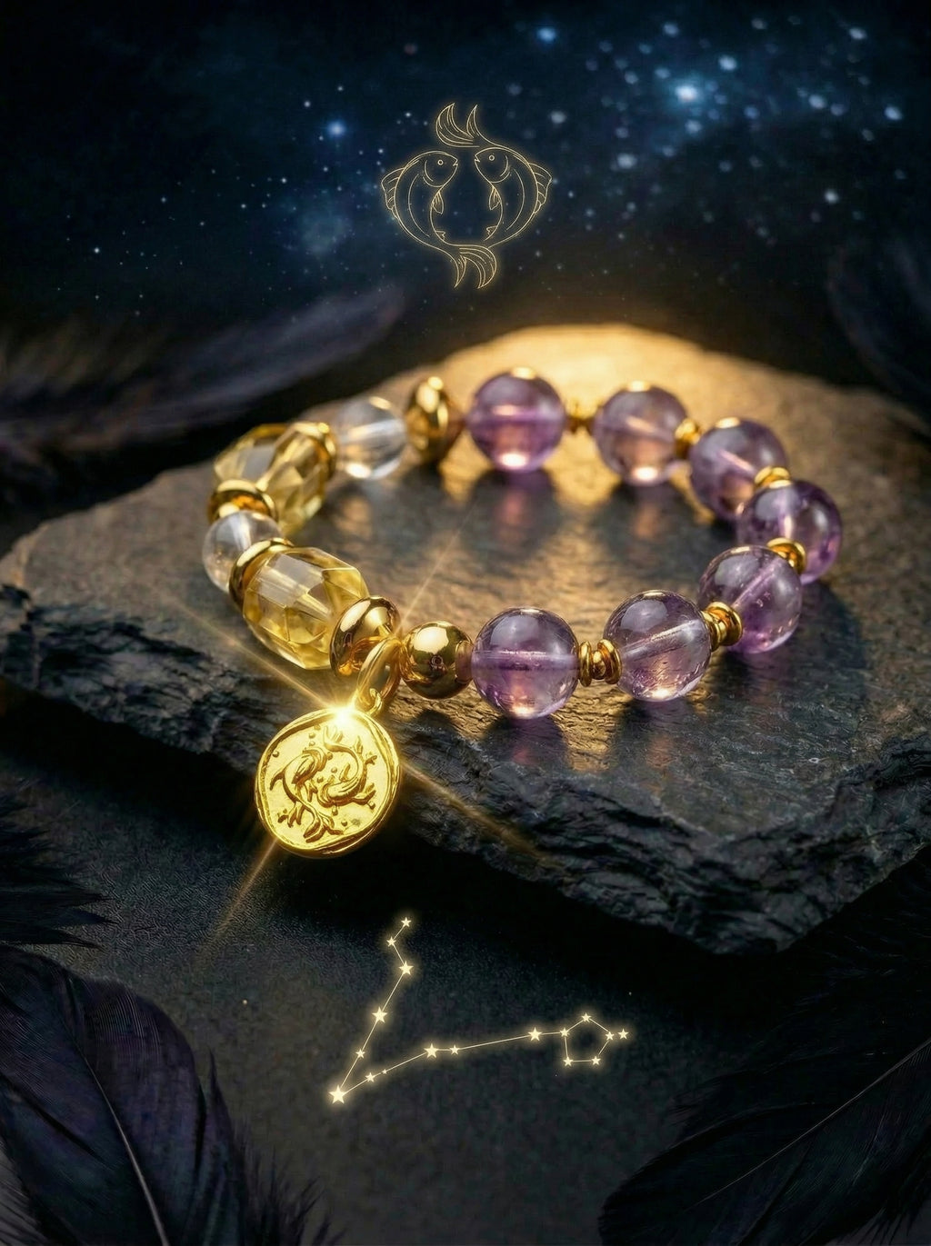 Stella Whisper · Pisces Zodiac Crystal Bracelet | Amethyst, Aquamarine & Moonstone