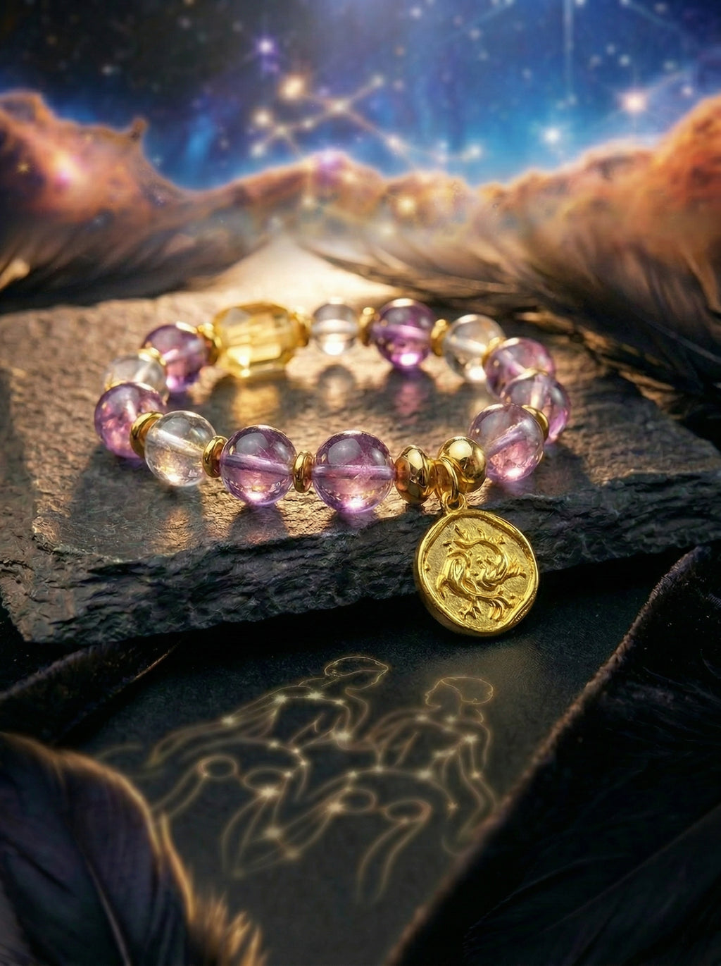 Stella Whisper · Pisces Zodiac Crystal Bracelet | Amethyst, Aquamarine & Moonstone