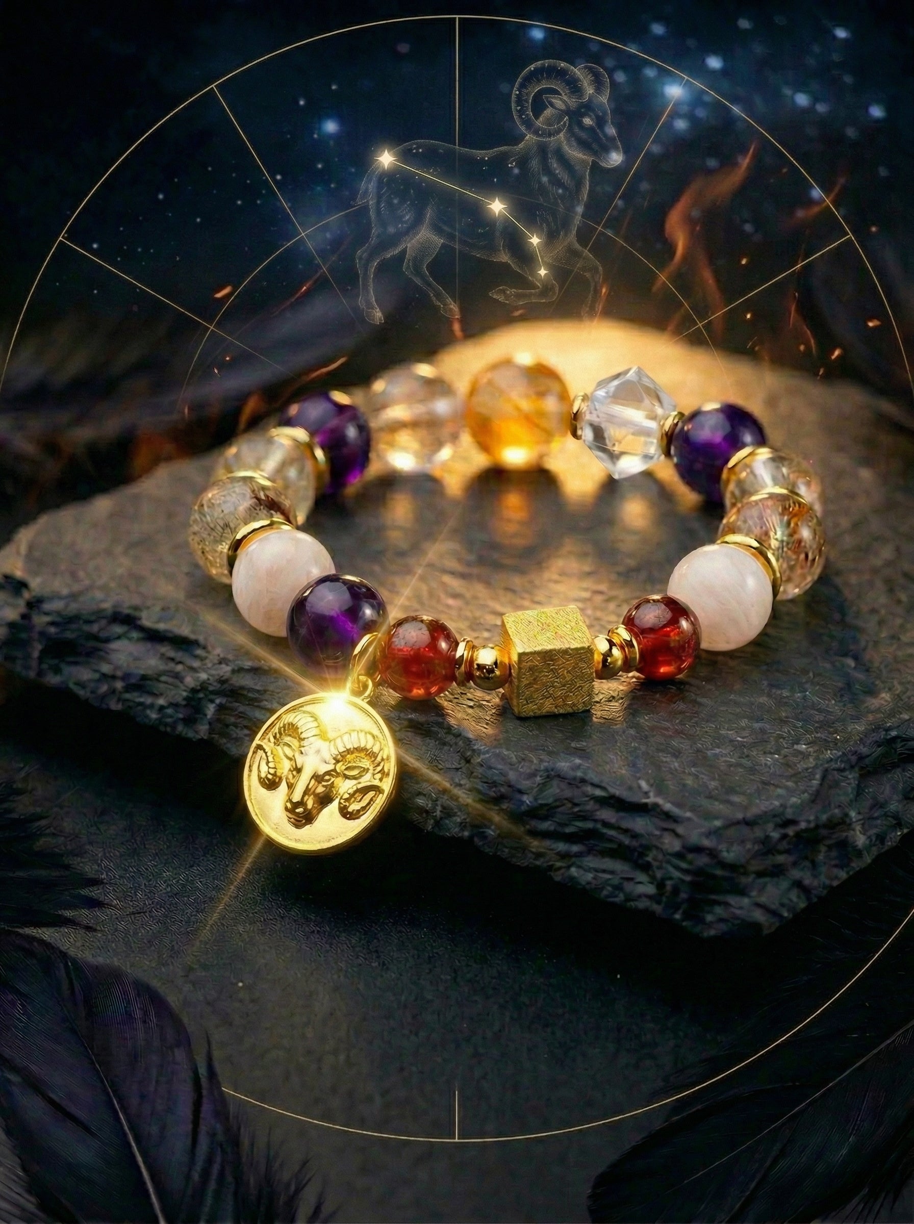 Stella Whisper · Aries Zodiac Crystal Bracelet | Golden Rutilated Quartz, Amethyst & Scarlet Quartz