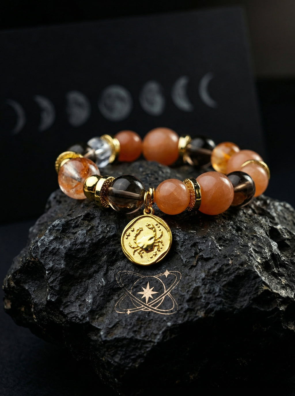 Stella Whisper · Cancer Zodiac Crystal Bracelet | Orange Moonstone, Scarlet Red Quartz & Smoky Quartz
