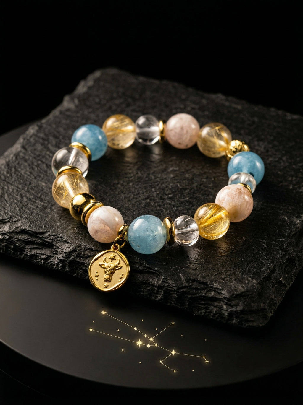 Stella Whisper · Taurus Zodiac Crystal Bracelet | Aquamarine & Golden Rutilated Quartz