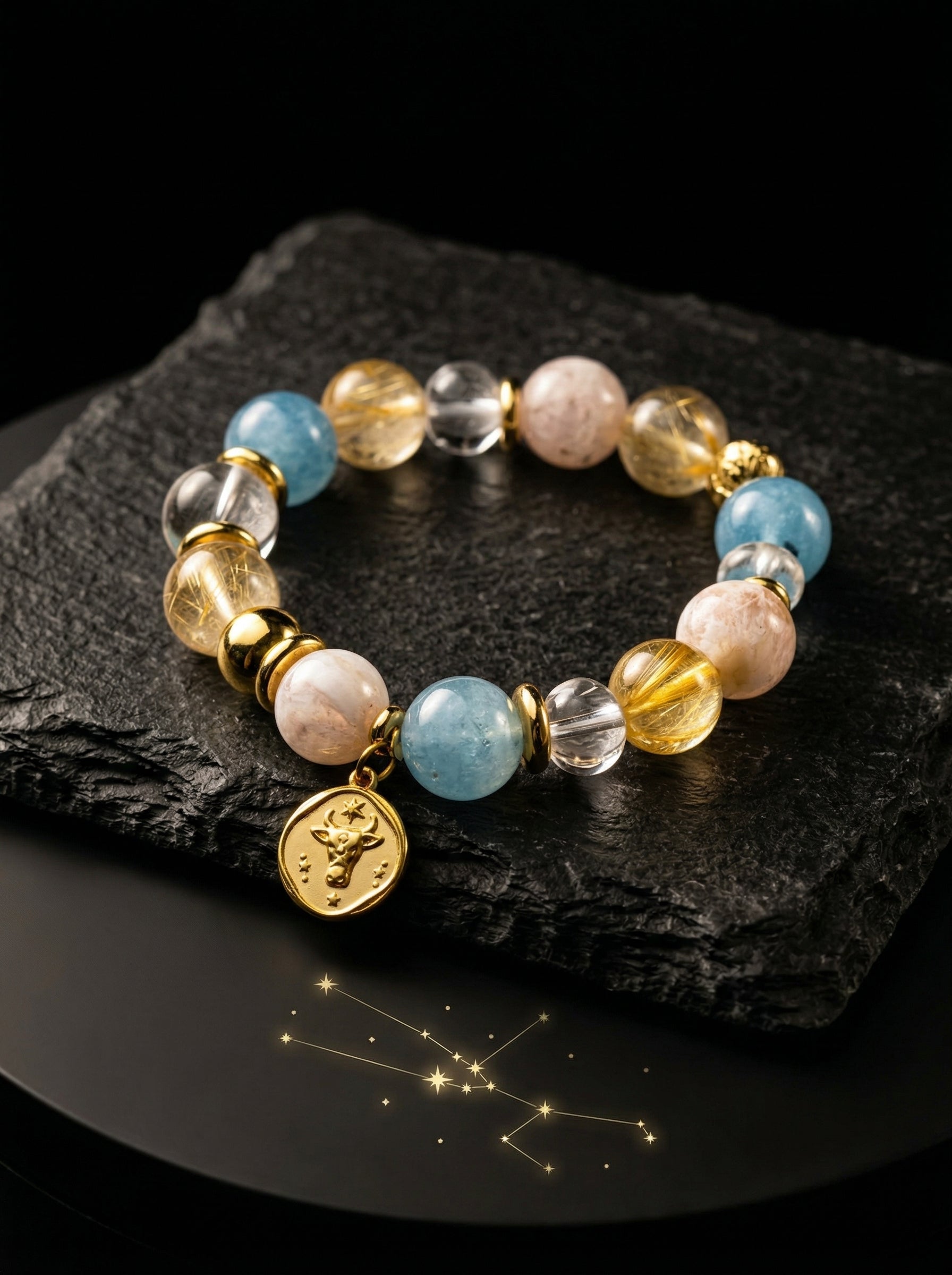 Stella Whisper · Taurus Zodiac Crystal Bracelet | Aquamarine & Golden Rutilated Quartz