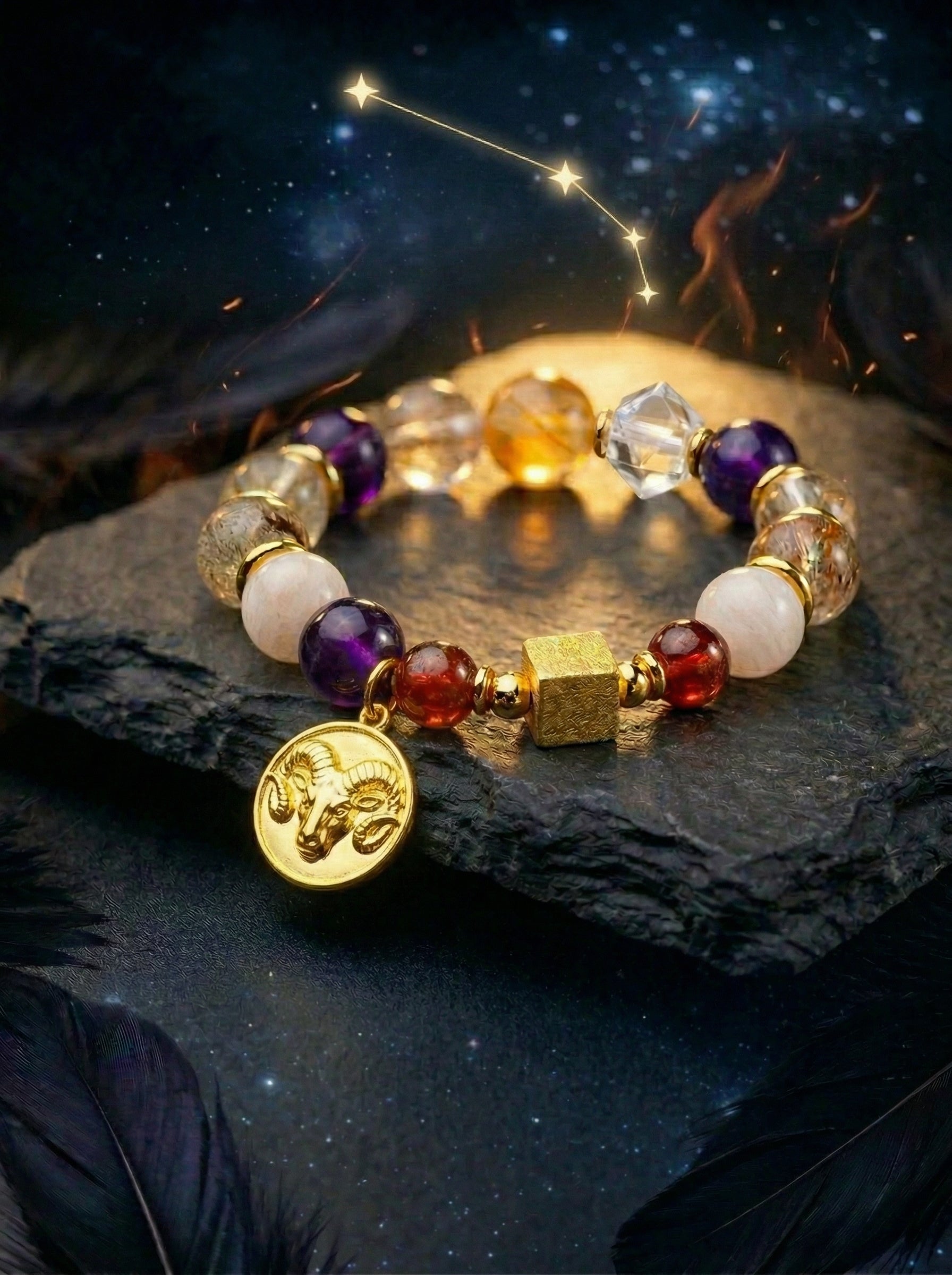 Stella Whisper · Aries Zodiac Crystal Bracelet | Golden Rutilated Quartz, Amethyst & Scarlet Quartz