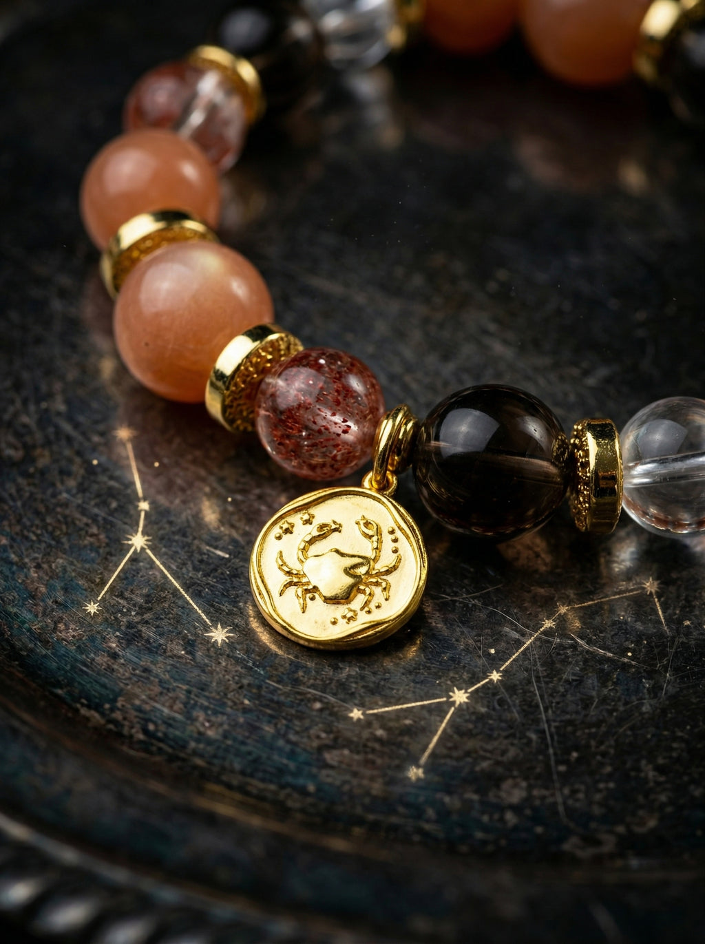 Stella Whisper · Cancer Zodiac Crystal Bracelet | Orange Moonstone, Scarlet Red Quartz & Smoky Quartz