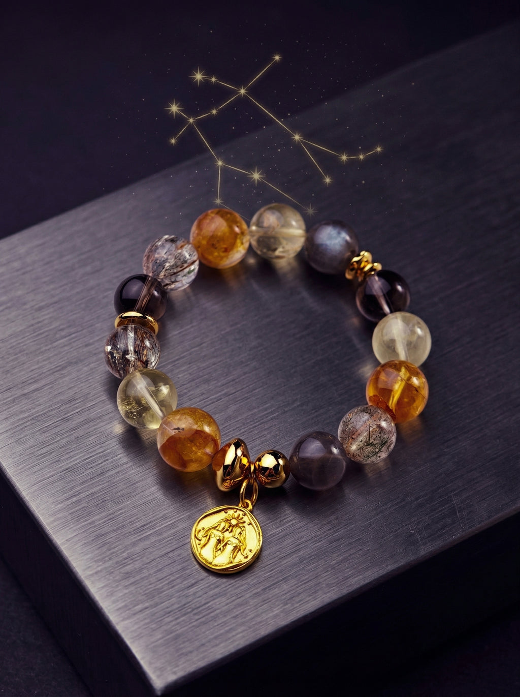 Stella Whisper · Gemini Zodiac Crystal Bracelet | Citrine, Smoky Quartz & Labradorite