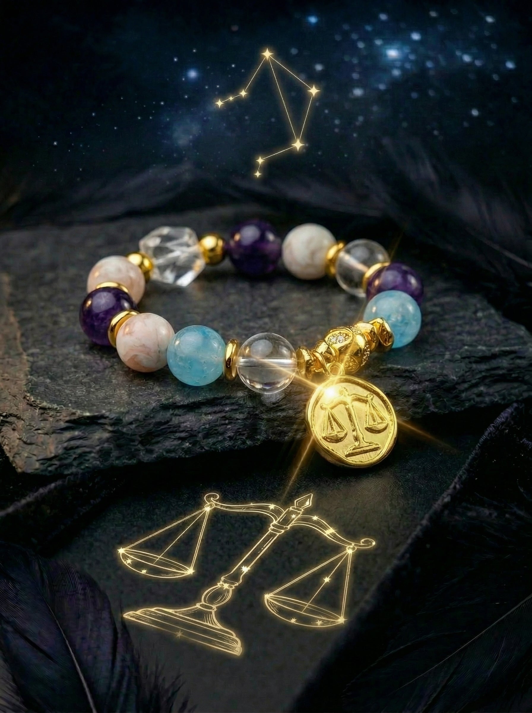 Stella Whisper · Libra Zodiac Crystal Bracelet | Amethyst, Aquamarine & Clear Quartz
