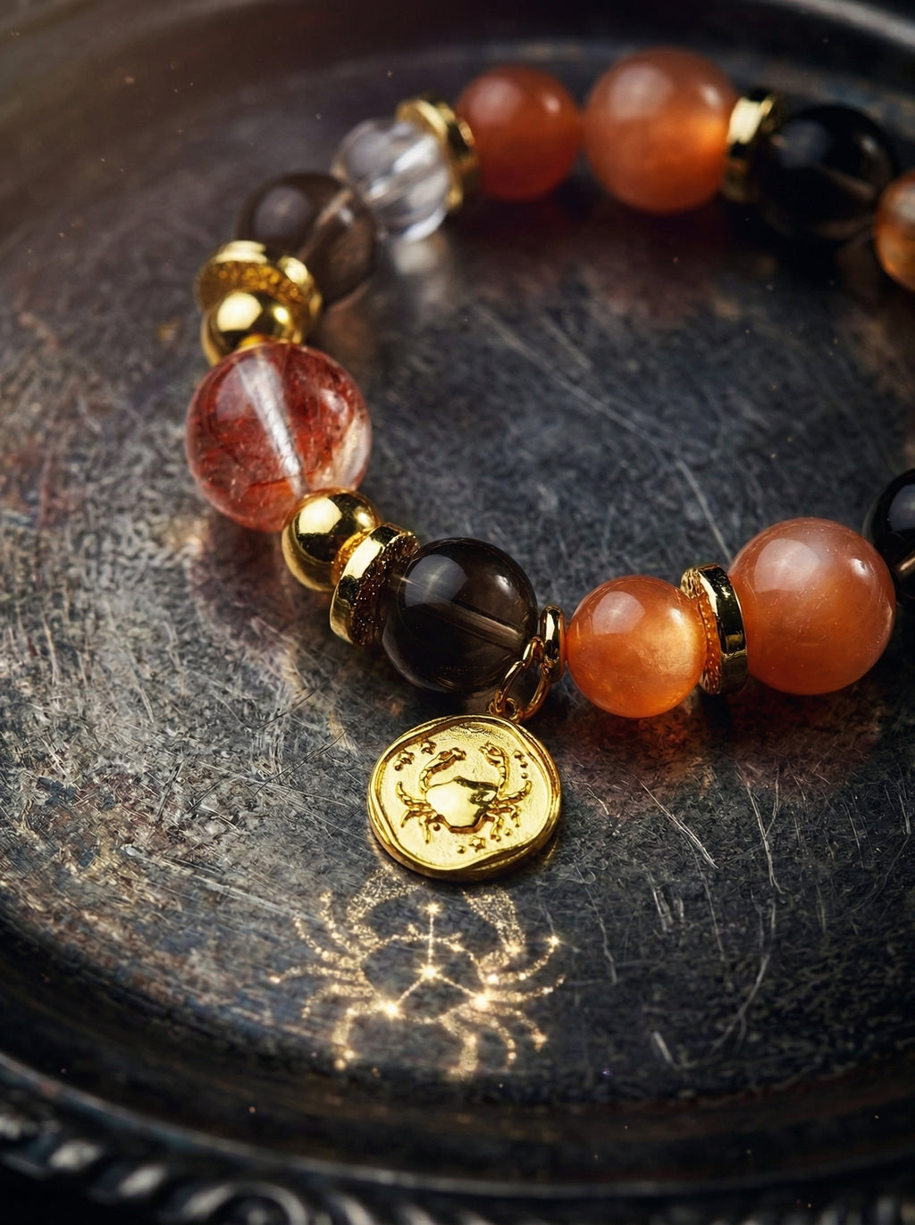 Stella Whisper · Cancer Zodiac Crystal Bracelet | Orange Moonstone, Scarlet Red Quartz & Smoky Quartz