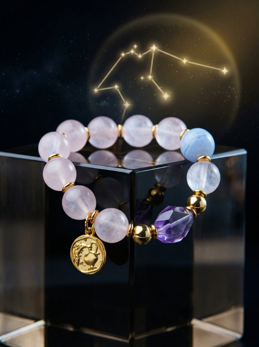 Stella Whisper · Aquarius Zodiac Crystal Bracelet | Rose Quartz, Amethyst & Blue Lace Agate