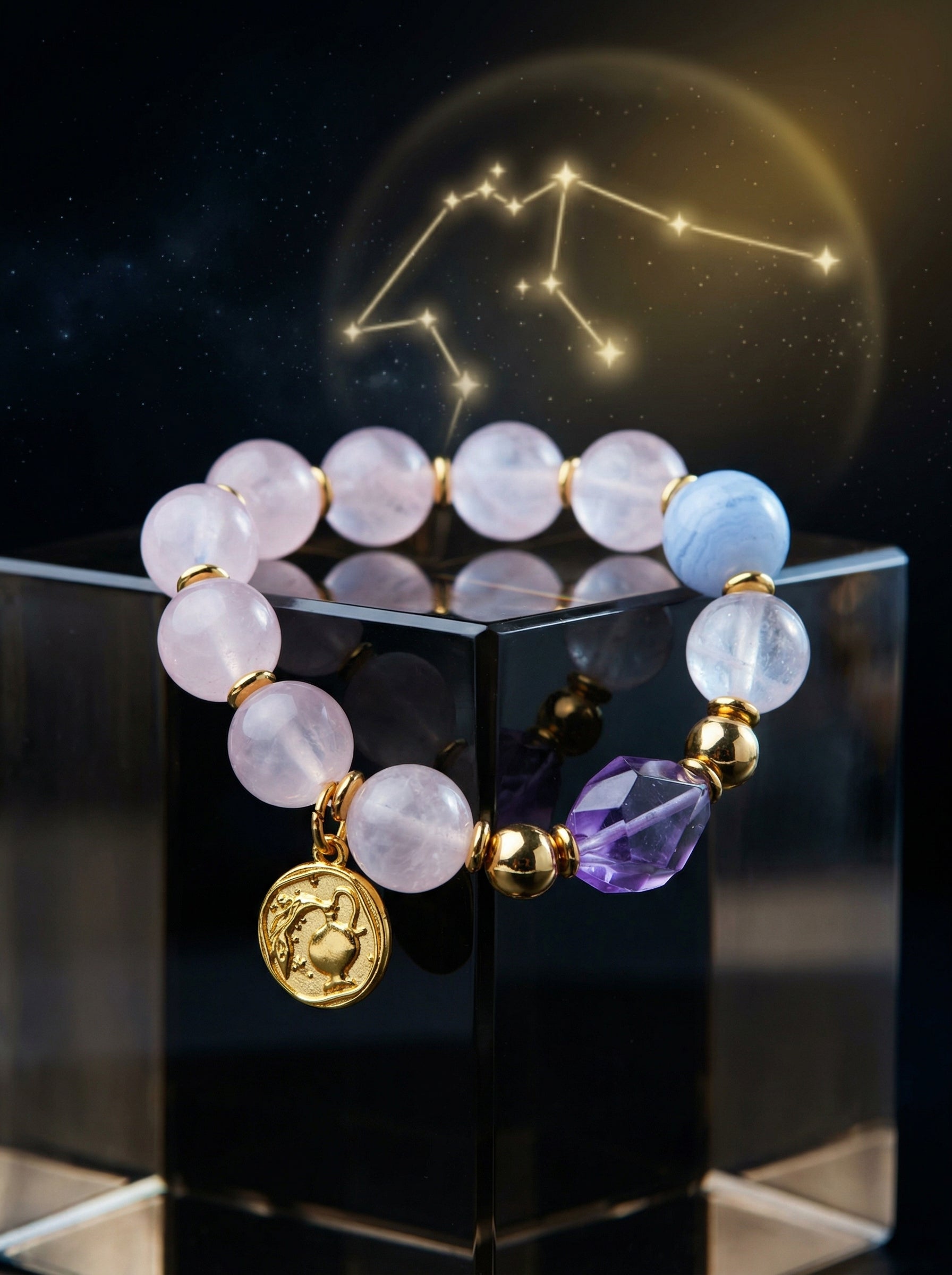 Stella Whisper · Aquarius Zodiac Crystal Bracelet | Rose Quartz, Amethyst & Blue Lace Agate