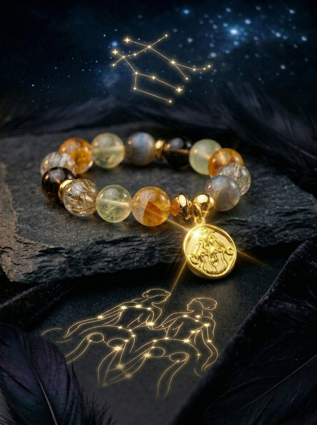 Stella Whisper · Gemini Zodiac Crystal Bracelet | Citrine, Smoky Quartz & Labradorite
