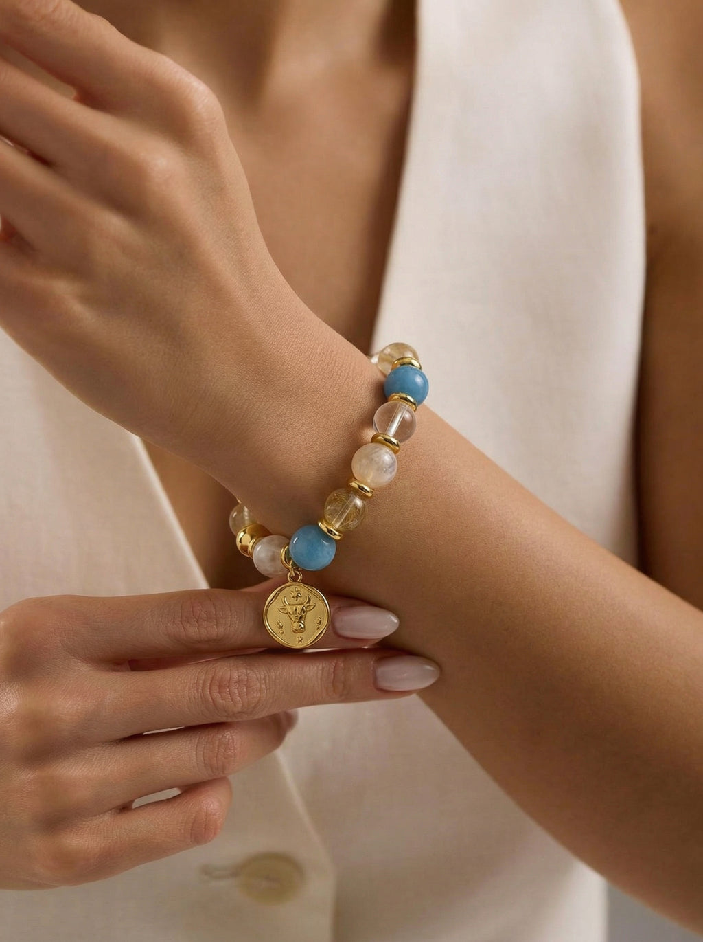 Stella Whisper · Taurus Zodiac Crystal Bracelet | Aquamarine & Golden Rutilated Quartz