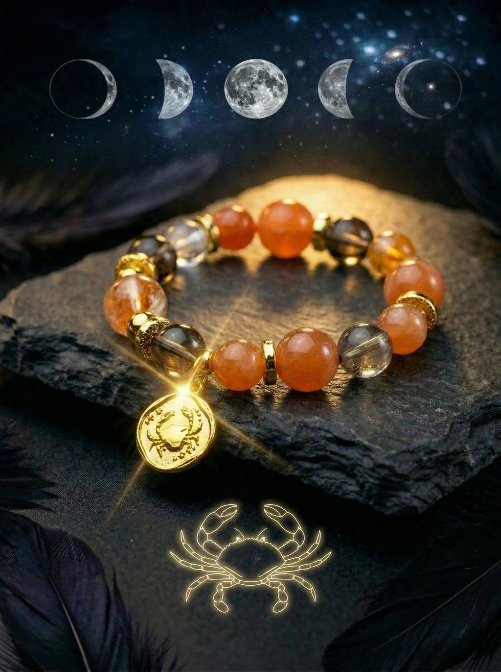 Stella Whisper · Cancer Zodiac Crystal Bracelet | Orange Moonstone, Scarlet Red Quartz & Smoky Quartz