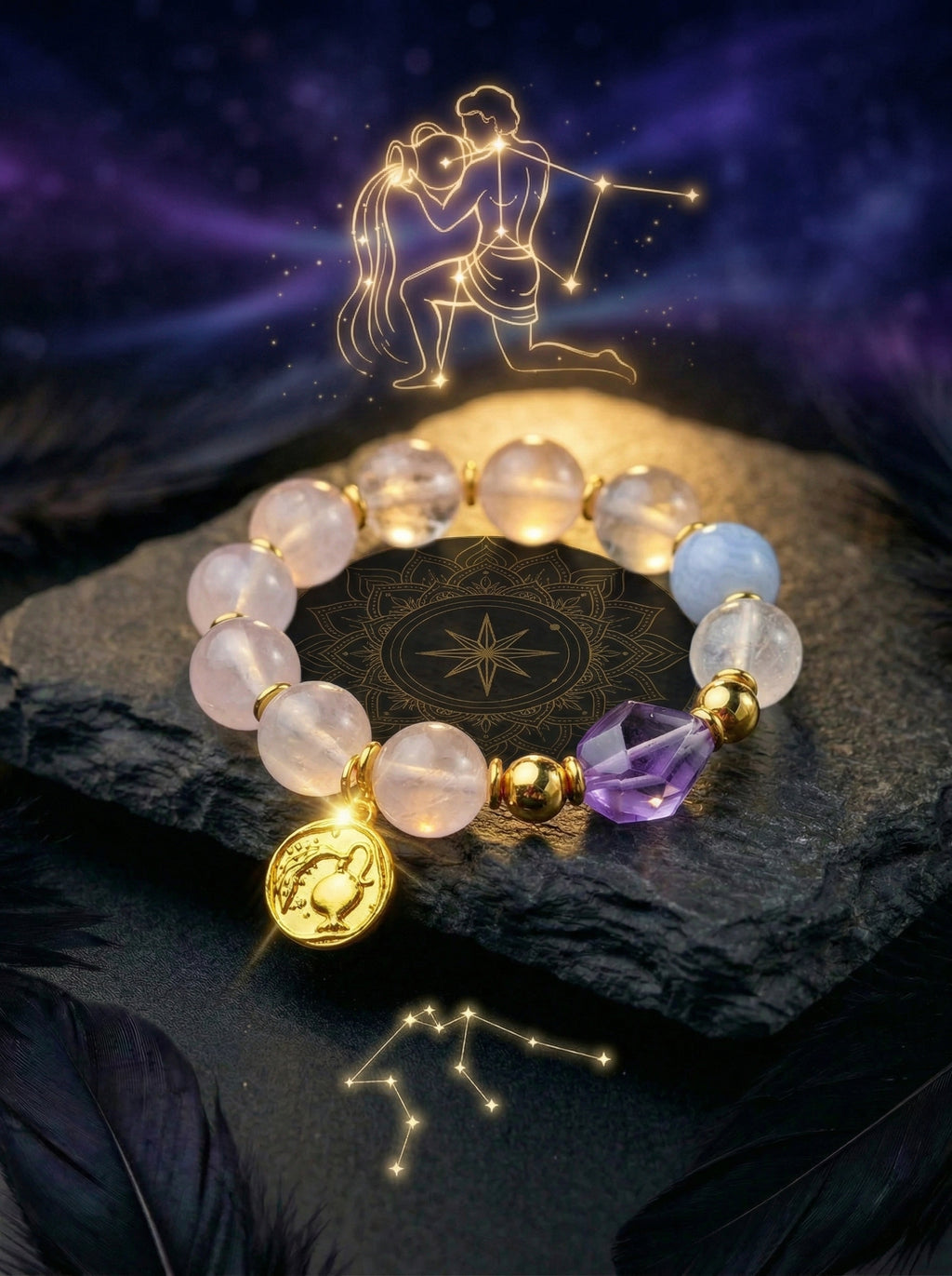 Stella Whisper · Aquarius Zodiac Crystal Bracelet | Rose Quartz, Amethyst & Blue Lace Agate