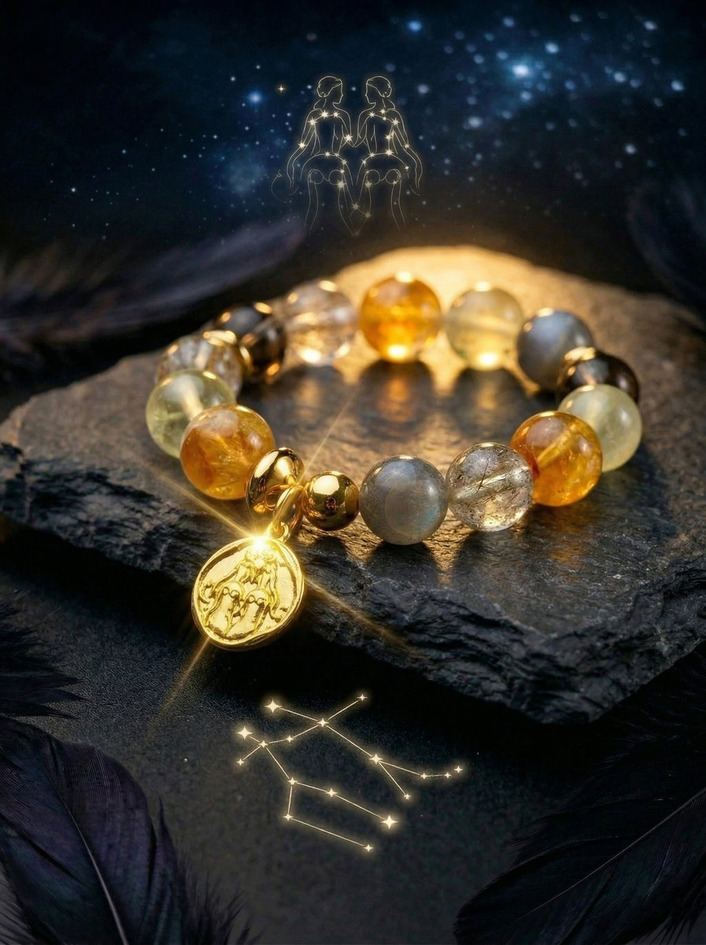 Stella Whisper · Gemini Zodiac Crystal Bracelet | Citrine, Smoky Quartz & Labradorite