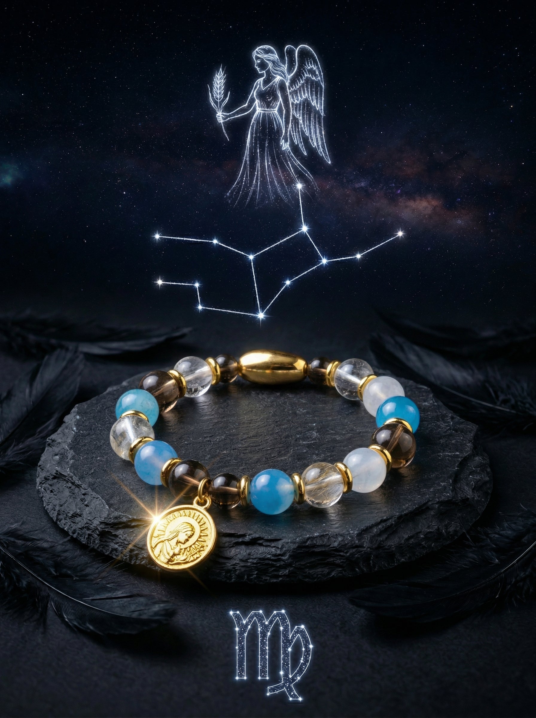 Stella Whisper · Virgo Zodiac Crystal Bracelet | Aquamarine, Smoky Quartz & Selenite